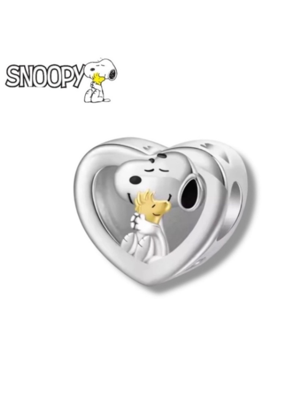Snoopy Heart Charm Bracelet Bead in Silver with Gold Accent